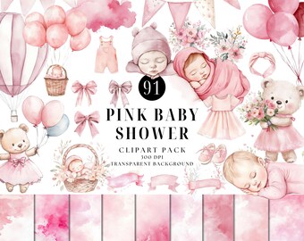 Watercolor Pink Baby Shower Clipart Bundle, Teddy Bear PNG (Digital Download)