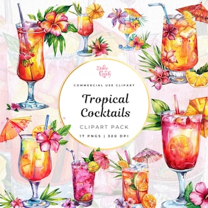 Clipart cocktail tropicali ad acquerello / uso commerciale / festa estiva / cocktail tropicale Png / illustrazioni di cocktail / download digitale
