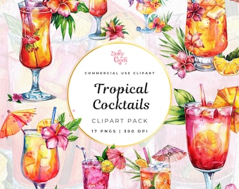 Watercolor Tropical Cocktails Clipart | Summer Party (Digital Download)