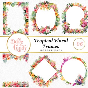 Könnte beinhalten: Satz mit sechs tropischen Blumenrahmen in verschiedenen Formen, darunter quadratisch, rund und oval. Die Rahmen sind mit rosa, gelben und grünen Blumen und Blättern verziert. Der Text "Tropical Floral Frames" und "Border Pack" wird in der Mitte des Bildes angezeigt.