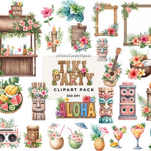 May include: Watercolor clipart pack featuring a Tiki bar, tropical flowers, wooden frames, Tiki masks, a ukulele, and tropical fruits. The words "Tiki Party" and "Aloha" are also included in the design. The illustrations are in a watercolor style.