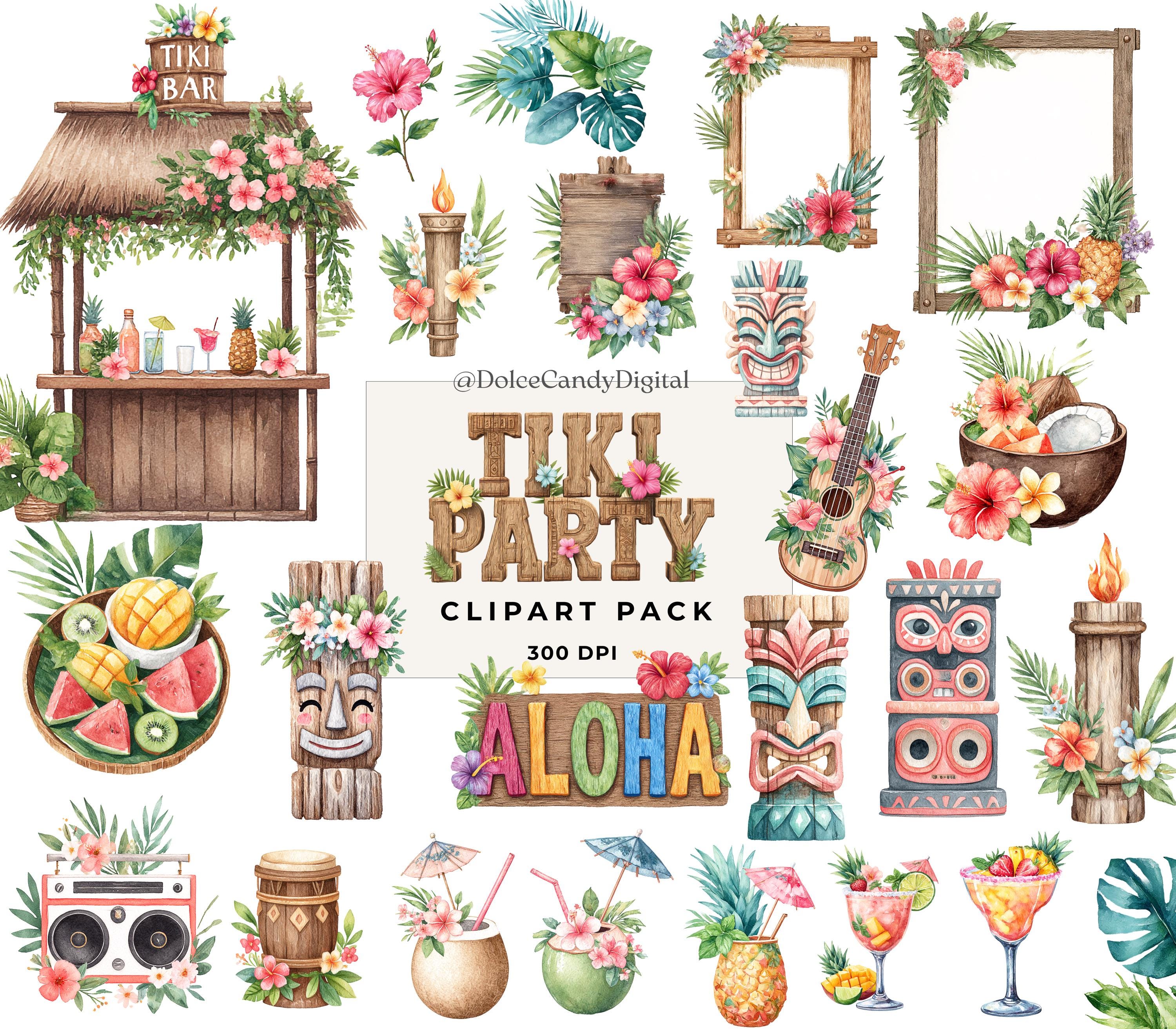 Tiki Party Clipart, Tropical Watercolor Elements, Hawaiian Summer Graphics,  Aloha Party PNG, Tiki Bar Invitation Clip Art - Etsy New Zealand, image size:3000x2625