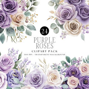 Clipart acquerello di rose viola, bouquet da sposa floreale viola, png floreale dorato, fiori viola lunatici, download digitale, clipart di nozze,