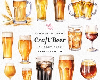 Watercolor Beer Clipart, Alcohol Drinks Illustration (PNG Digital Download)