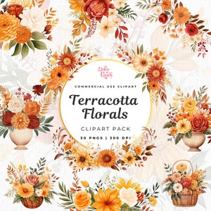Terracotta Floral Clipart, Fall Wedding, Boho Flower Png, Orange & Brown Neutral, Watercolour Flower, Autumn Flower, Floral Vase, Basket