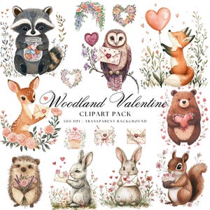 Woodland Animal Valentine Clipart, Watercolour Valentines Day Clipart Sweet Woodland Animal, Baby Animal Clipart, Spring Clipart png