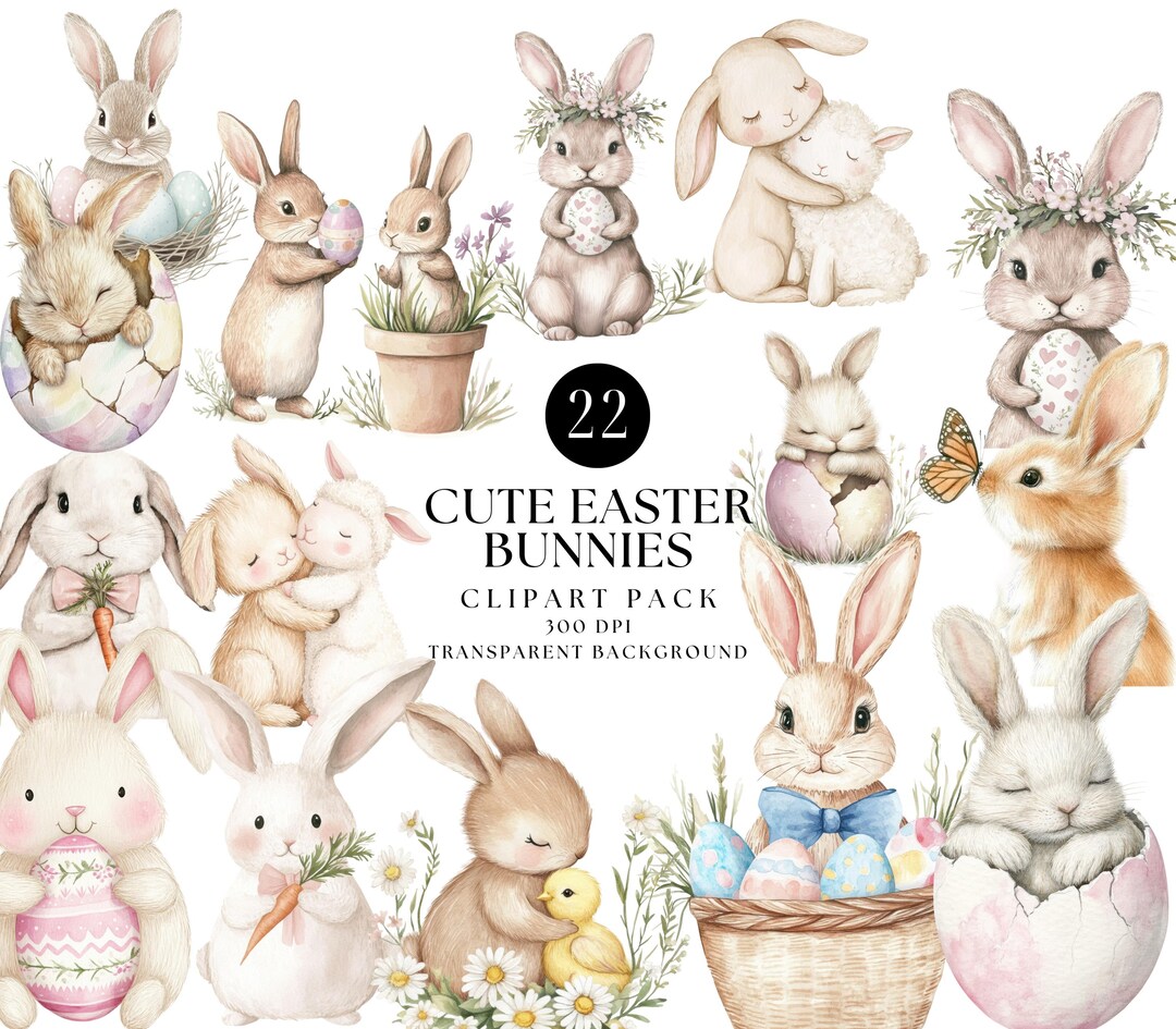 Watercolor Easter Bunny Clipart – Cute Rabbit PNG, Spring Nursery ...