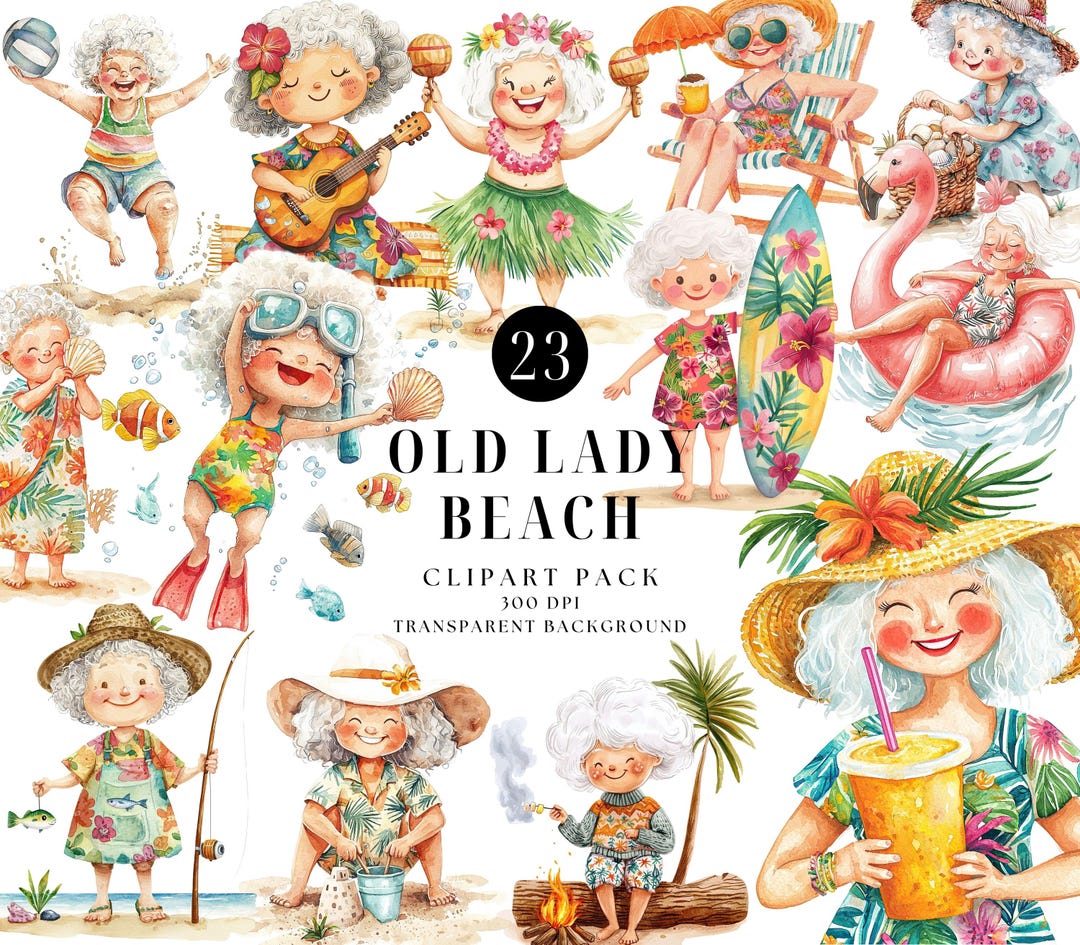 Whimsical Old Lady Beach Clipart – Summer Grandma Watercolor Art ...