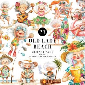 Velha Senhora Praia Clipart - Arte Digital de Vovó de Verão Peculiar, Aquarela Engraçada para Férias e Decoração de Mulheres Idosas
