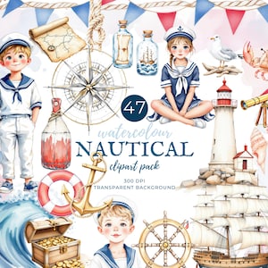 Nautical Watercolor Clipart Set | Sailor, Lighthouse, Anchor, Sea Theme for Baby Shower & Scrapbook, Coastal, Summer, Treasure, Sea Life png