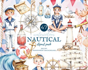 Nautical Watercolor Clipart Set | Sea Life, Lighthouse, Anchor (PNG)