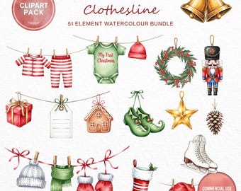 Aquarell Weihnachten Clipart Bundle, Urlaub Wäscheleine, Santa Wäsche (digitaler Download)