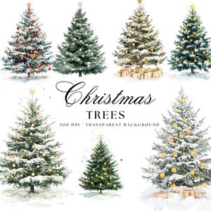 Peut inclure: Ensemble de sept illustrations aquarelle d'arbres de Noël avec diverses décorations, notamment des ornements, des lumières et de la neige. Les arbres sont isolés sur un fond blanc.