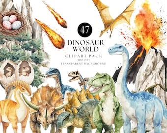 Zestaw akwarelowych klipartów z dinozaurami, ilustracje dinozaurów do pokoju dziecięcego (do pobrania w wersji cyfrowej)