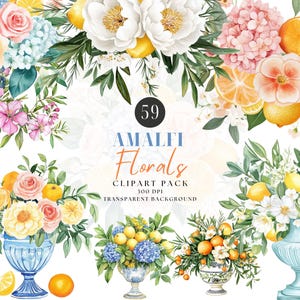 Bundle de cliparts floraux de la côte amalfitaine, fleurs méditerranéennes, citrons et oranges, fleurs italiennes, Dolce La Vita, invitation de fleurs de mariage