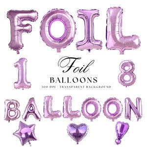 Clipart paarse folieballonnen, clipart zilverfolie ballonnen, paarse letters, verjaardagsuitnodiging, ballonnummers, feestviering, feestviering png