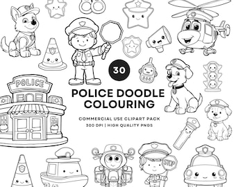 Imágenes prediseñadas para colorear de policías: gráficos PNG de arte lineal estilo doodle (descarga digital)