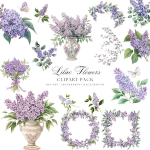 Lilac Watercolour Floral Clipart, Purple Butterflies, Wedding Bouquets, Spring Floral Elements, Wedding Invitations, Lilac PNGs, Lavender