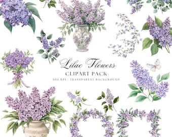 Lila akvarellblommor Clipart, lila fjärilar (PNG)
