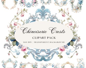 Chinoiserie Floral Crest Clipart, French Frame (PNG Digital Download)