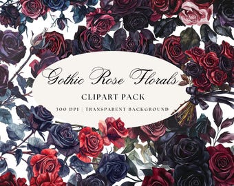 Gothic Rose Flower Clip Art, Dark Floral Watercolour PNG (Digital Download)