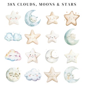 Puede incluir: Un conjunto de 58 ilustraciones de acuarela de nubes, lunas y estrellas. Las ilustraciones est&aacute;n en una variedad de colores, incluyendo azul, rosa, amarillo y blanco. Cada ilustraci&oacute;n presenta una cara linda y de tipo caricatura.