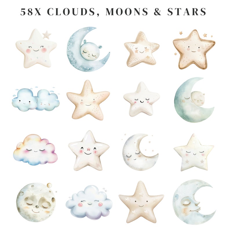 Puede incluir: Un conjunto de 58 ilustraciones de acuarela de nubes, lunas y estrellas. Las ilustraciones est&aacute;n en una variedad de colores, incluyendo azul, rosa, amarillo y blanco. Cada ilustraci&oacute;n presenta una cara linda y de tipo caricatura.