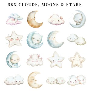 Imágenes prediseñadas de estrellas y nubes en acuarela, gráficos celestiales para guardería (descarga digital) imagen 5