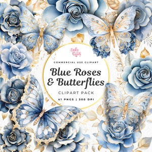 Clipart di farfalle e rose acquerellate blu e oro, diario spazzatura, immagini di album, farfalle glitterate dorate, fiori di rosa blu, digitale