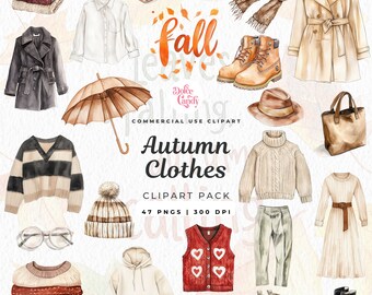 Watercolor Autumn Clothes Clipart, Fall Apparel Graphics (PNG)