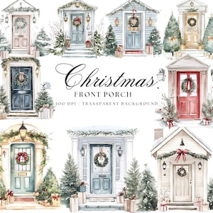 Watercolour Christmas Porch Clipart, Front Door Clipart, Junk Journal, Winter Holidays, Welcome Clip Art, House Decor, Winter Printable png