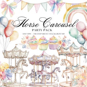 Watercolour Carousel Horse Clipart, Nursery Art, Newborn Baby, Pony Clipart, Birthday Graphic Pack, Baby Shower png, Nursery Decor, Carnival