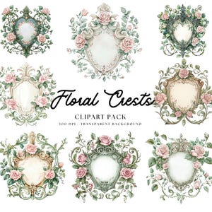 Watercolor Floral Wedding Crests Clipart, Romantic Ribbons, Vintage Frames, Botanical Elements, Elegant Wedding, Flowers High-Quality PNGs