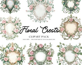 Watercolor Floral Wedding Crests Clipart, Vintage Frames (PNGs)