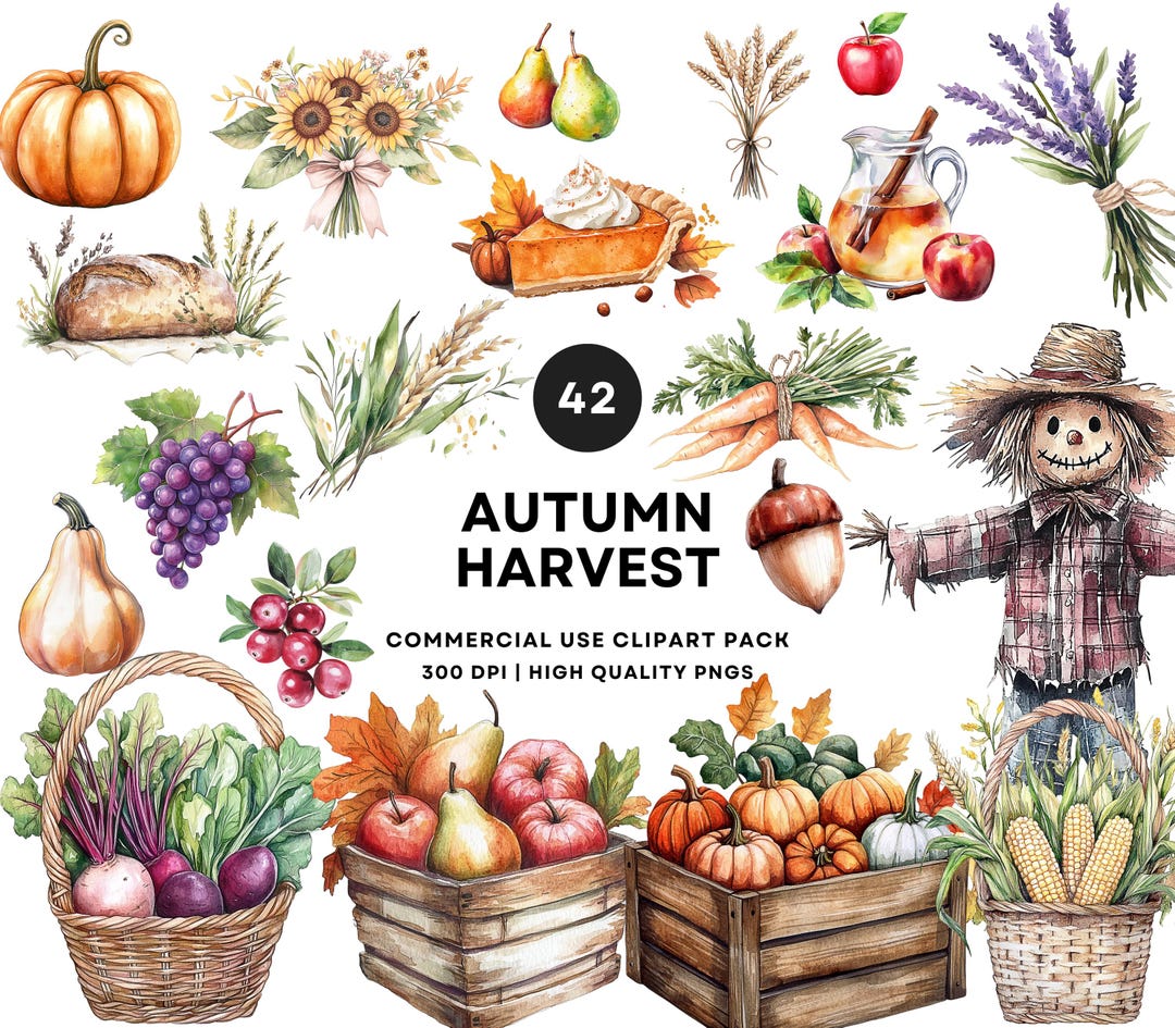 Watercolor Autumn Harvest Clipart | Fruits, Vegetables, Pumpkins (PNG ...