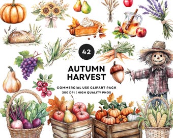 Watercolor Autumn Harvest Clipart | Fruits, Vegetables, Pumpkins (PNG Digital Download)