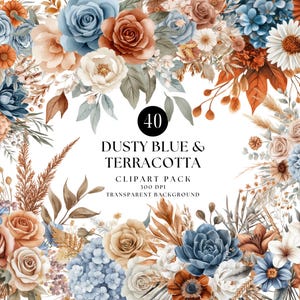 Clipart aquarelle fleurs bleu poudré et terre cuite pour faire-part de mariage, clipart numérique orange brûlé pour scrapbooking, travaux manuels et décoration