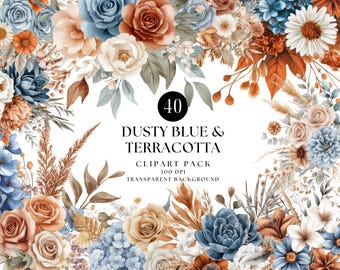 Imágenes prediseñadas florales en acuarela de terracota azul empolvado, gráficos para invitaciones de boda (descarga digital)