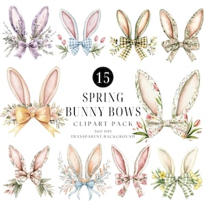 Coquette Easter Bunny Ears Clipart Bundle, Cute Bunny for Sublimation, Easter Bow, Preppy Easter, Spring Bows, Grandmillenial, Toile Bow