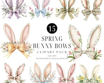 Coquette Easter Bunny Ears Clipart Bundle, Spring Bows (PNG Digital Download)