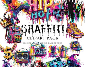 Vibrant Graffiti Art Clipart, Urban Streetwear Designs (PNG Digital Download)