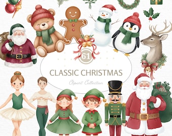 Watercolor Christmas Clipart Bundle, Santa, Reindeer (Digital Download)