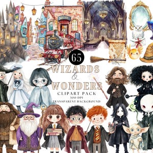 Lot de cliparts sorciers et sorcières mignons, magicien école Png, clipart anniversaire, clipart enfants, clipart chambre d'enfant, baguette magique, potion, hibou, château