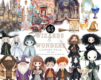 Paquete de imágenes prediseñadas de escuela de magia, brujas lindas, poción, castillo (descarga digital PNG)