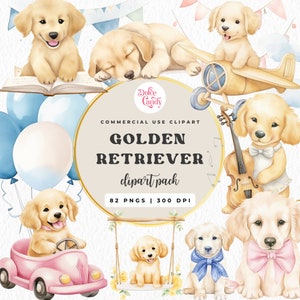 Paquete de imágenes prediseñadas de celebración de perro golden retriever lindo bebé acuarela, uso comercial, imágenes prediseñadas de cachorros, descarga digital, imágenes prediseñadas de cachorros