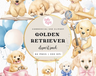 Pacchetto di clipart di cuccioli di Golden Retriever ad acquerello (download digitale)