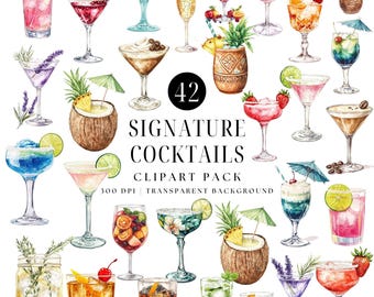 Aquarel cocktail clipartbundel, barmenu drankjes (digitale download)