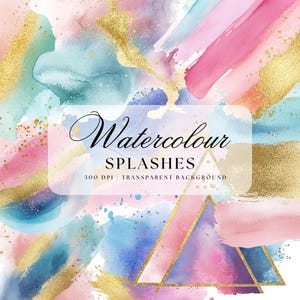 Pastel Gold Glitter Watercolour Splashes, Watercolour Washes, Gold Glitter Splatter, Brush Strokes PNG, Gold Frame Clipart, Logo Backgrounds