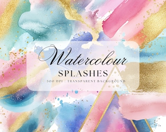 Salpicaduras de acuarela en tonos pastel con purpurina dorada (descarga digital PNG)