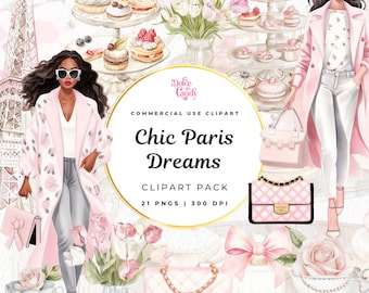 Watercolor Chic Paris Clipart, Blush Pink Fashion Girl PNG
